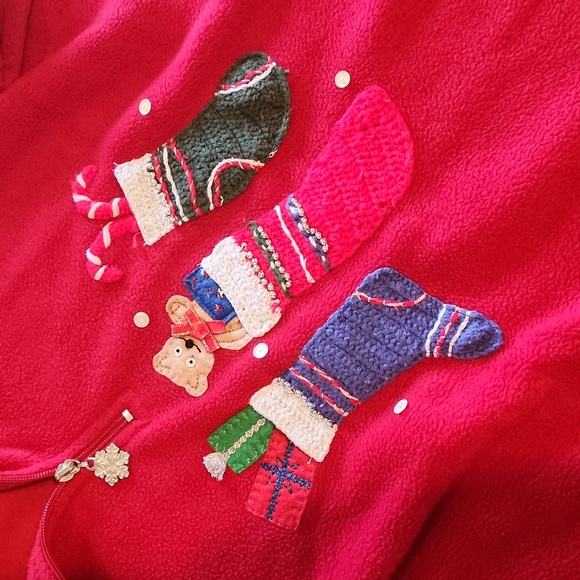 Red fleece Christmas stocking sweater - Picture 2 of 5